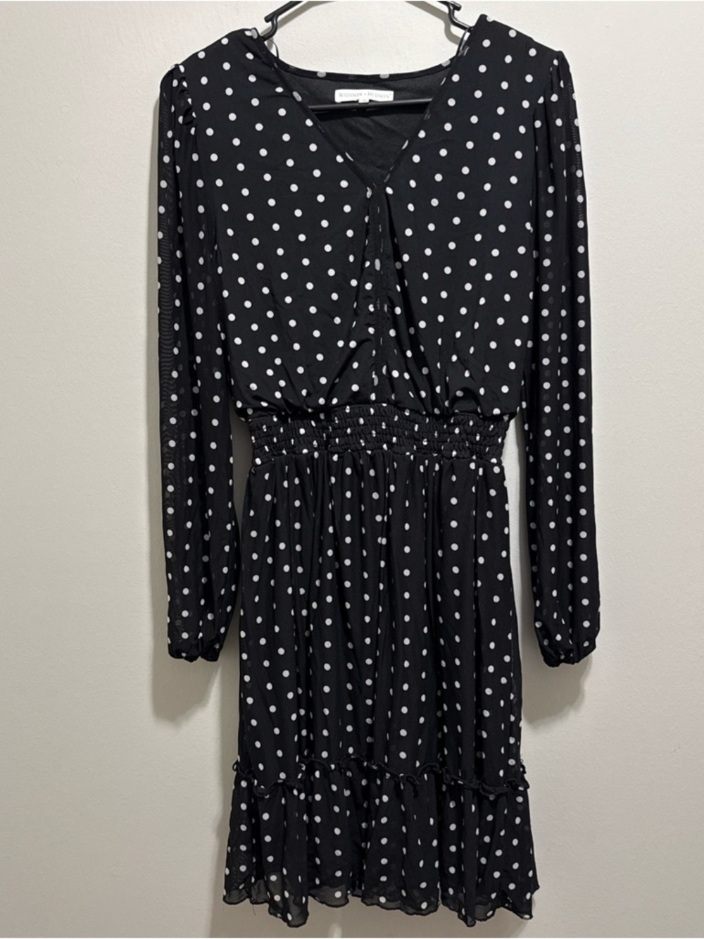 Madison + Hudson Black Polka Dot Mesh Dress Size M Smocked Waist Ruffle Hem